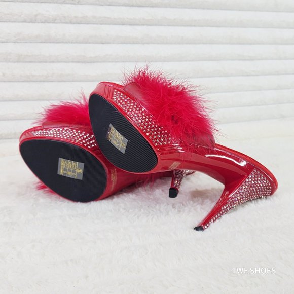 Your Majesty Red Marabou Feather Rhinestone Platform Slip On Slides - Picture 5 of 10